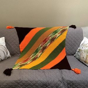 Vintage Lap Blanket Afghan, orange green brown, tassels, etro green